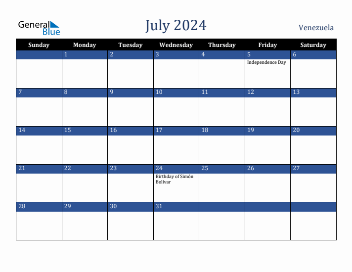 July 2024 Venezuela Calendar (Sunday Start)