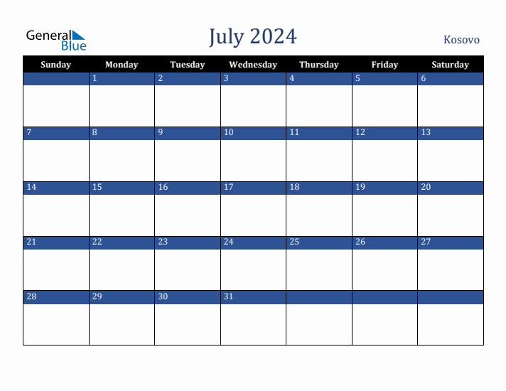 July 2024 Kosovo Calendar (Sunday Start)