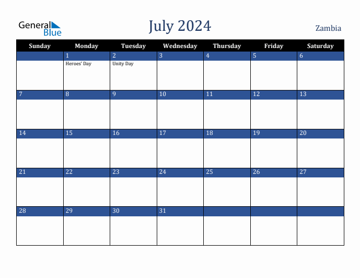 July 2024 Zambia Calendar (Sunday Start)