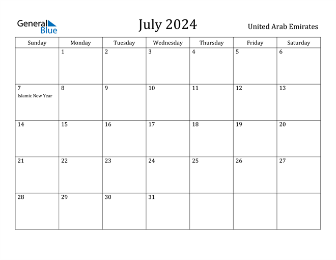 United Arab Emirates July 2024 Calendar with Holidays