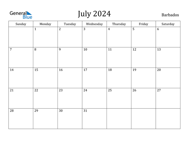 Barbados July 2024 Calendar with Holidays