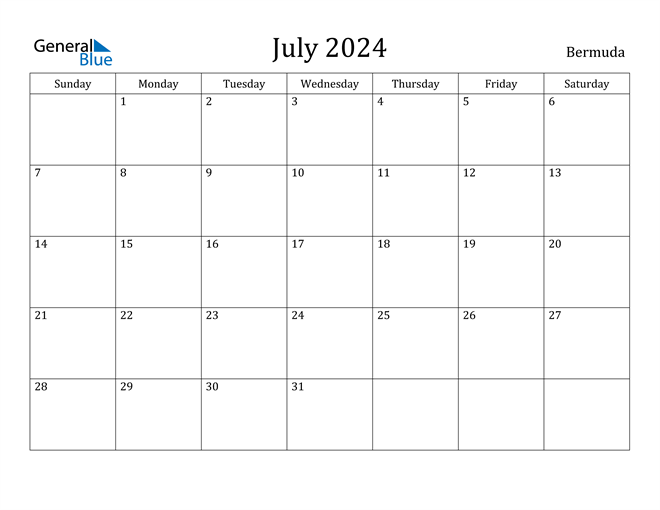 July 2024 Calendar with Bermuda Holidays