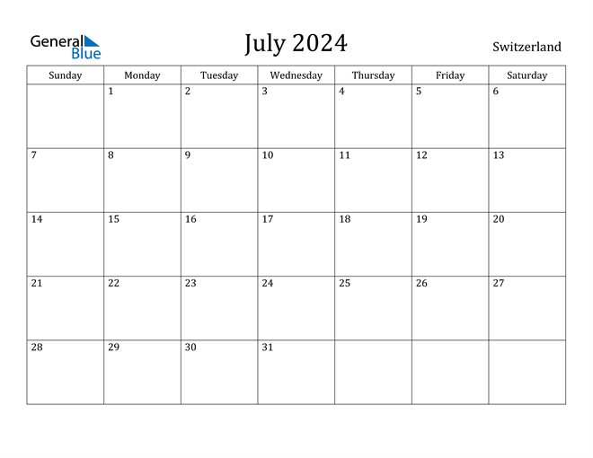 July 2024 Calendar with Switzerland Holidays