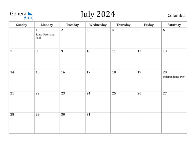 July 2024 Calendar with Colombia Holidays