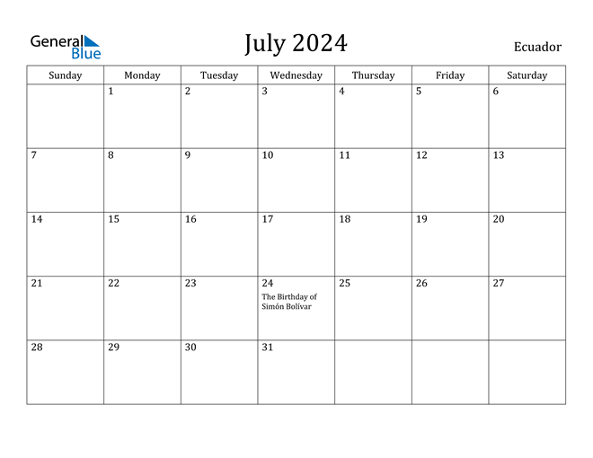 July 2024 Calendar Ecuador