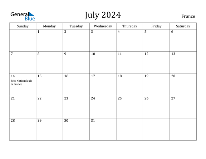 France July 2024 Calendar with Holidays