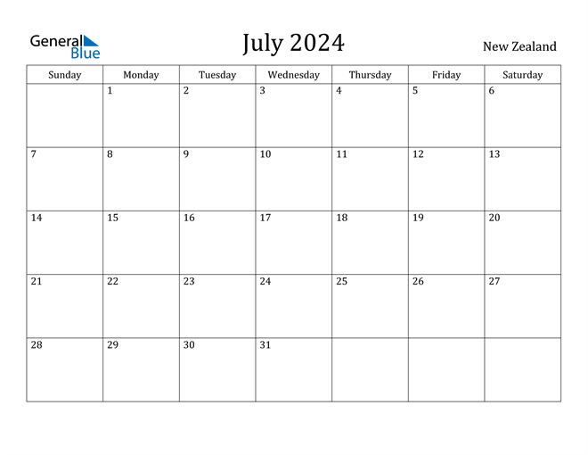 New Zealand July 2024 Calendar with Holidays