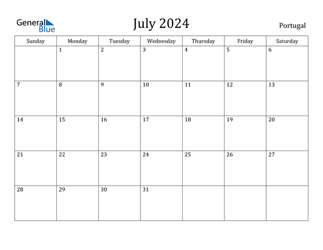 Portugal July 2024 Calendar with Holidays