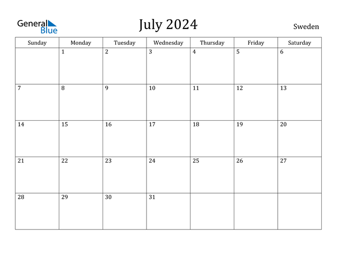 Sweden July 2024 Calendar with Holidays