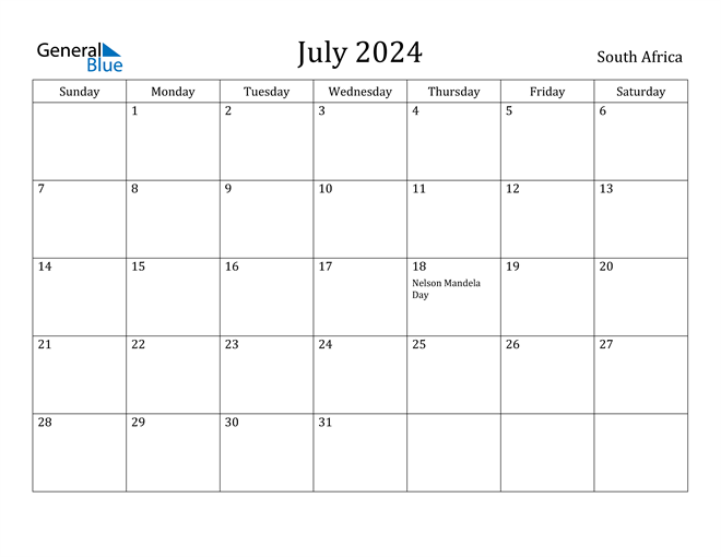 South Africa July 2024 Calendar with Holidays