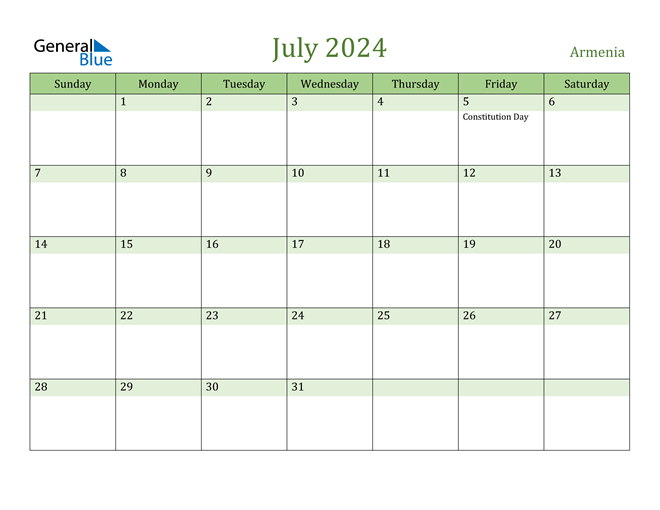 Armenia July 2024 Calendar with Holidays