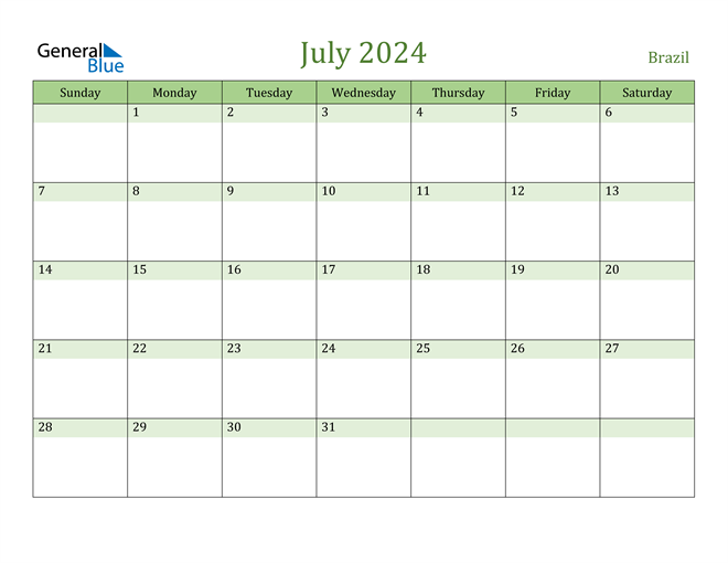 Brazil July 2024 Calendar with Holidays