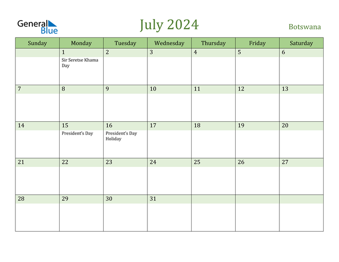 Botswana July 2024 Calendar with Holidays