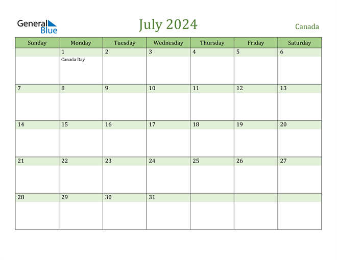 July 2024 Calendar with Canada Holidays
