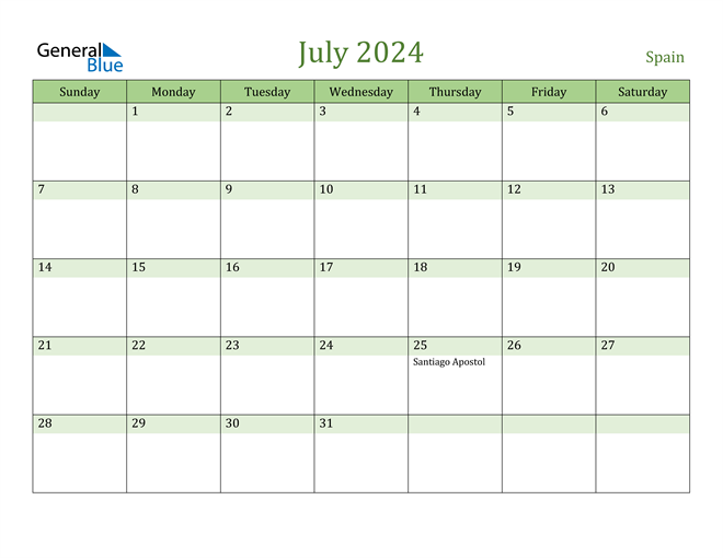 July 2024 Calendar with Spain Holidays