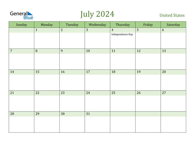 July 2024 Calendar with United States Holidays