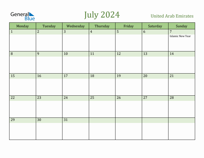 July 2024 United Arab Emirates Monthly Calendar with Holidays