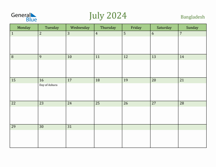 July 2024 Calendar with Bangladesh Holidays