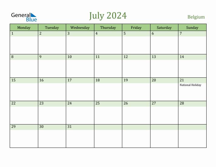 July 2024 Calendar with Belgium Holidays