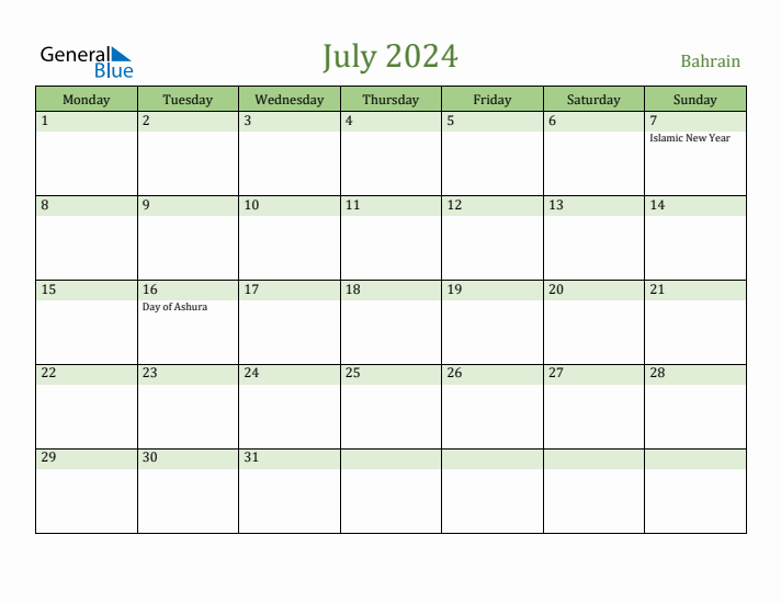 July 2024 Calendar with Bahrain Holidays
