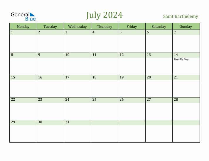 July 2024 Calendar with Saint Barthelemy Holidays