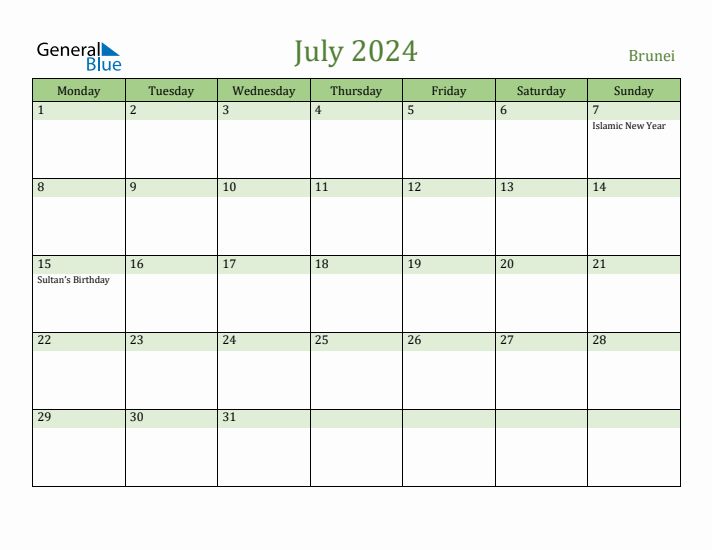July 2024 Calendar with Brunei Holidays