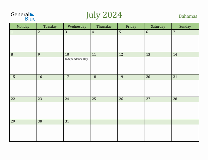 July 2024 Calendar with Bahamas Holidays