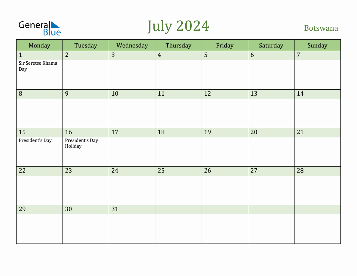 Fillable Holiday Calendar for Botswana July 2024