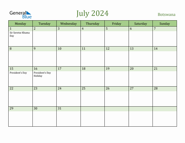 July 2024 Calendar with Botswana Holidays