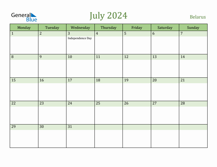 July 2024 Calendar with Belarus Holidays