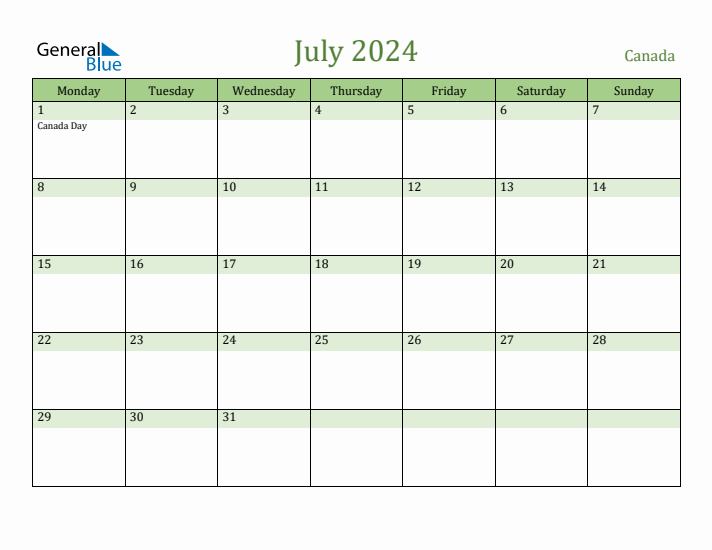 July 2024 Canada Monthly Calendar with Holidays