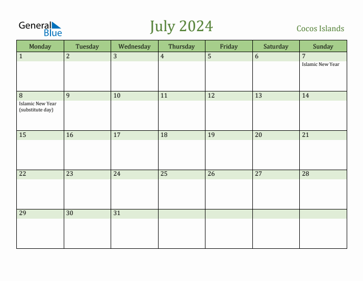July 2024 Calendar with Cocos Islands Holidays