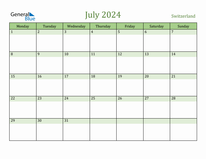 July 2024 Calendar with Switzerland Holidays