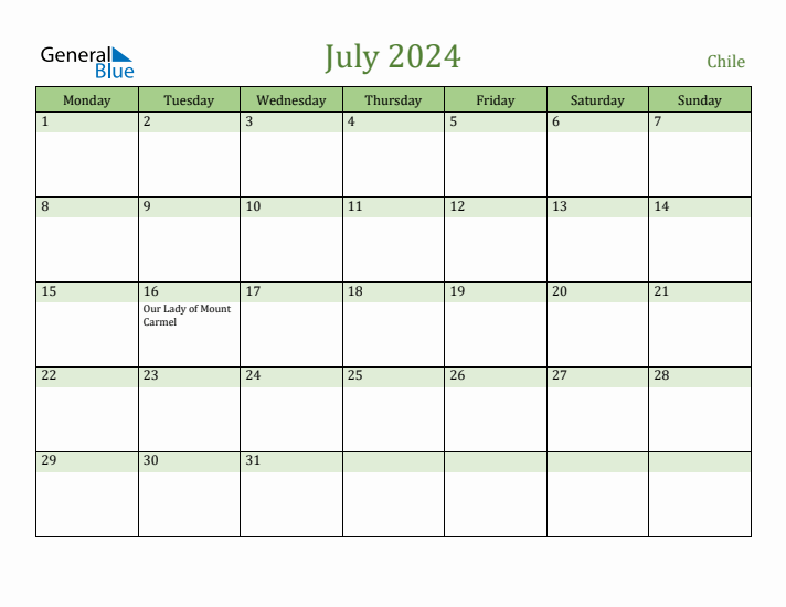 July 2024 Calendar with Chile Holidays
