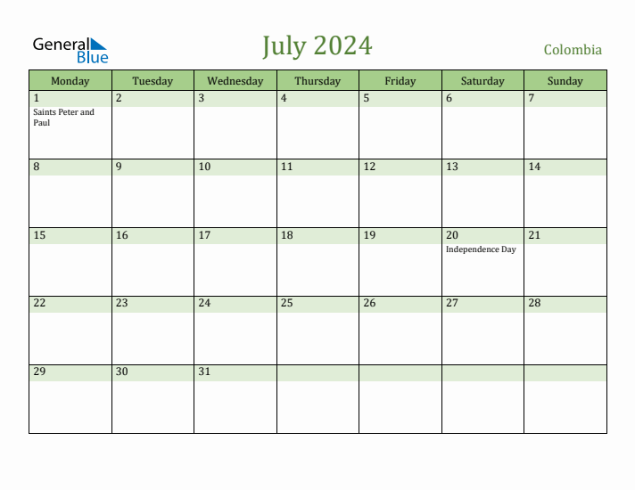 July 2024 Calendar with Colombia Holidays