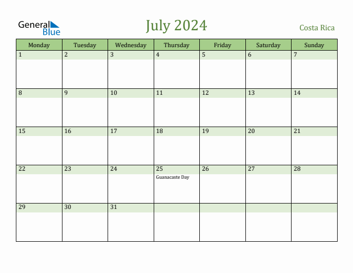 July 2024 Calendar with Costa Rica Holidays