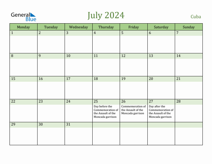 July 2024 Calendar with Cuba Holidays