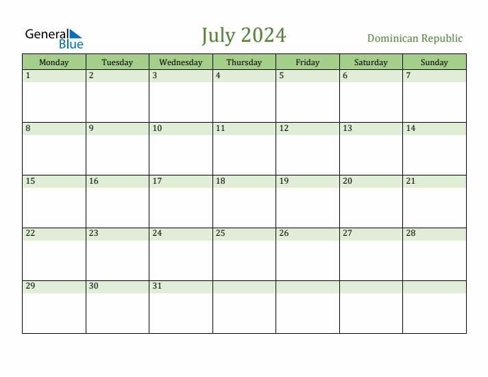 July 2024 Dominican Republic Monthly Calendar with Holidays