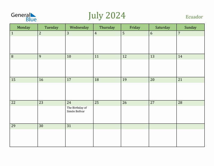 July 2024 Calendar with Ecuador Holidays