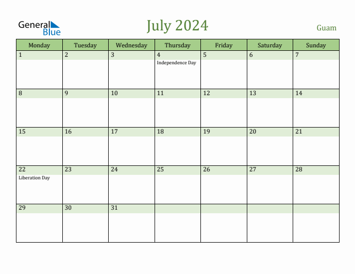 July 2024 Calendar with Guam Holidays