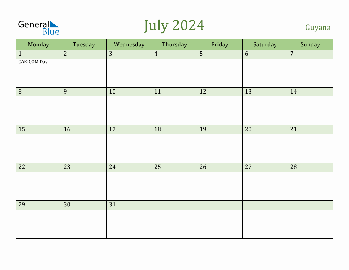 Fillable Holiday Calendar for Guyana July 2024