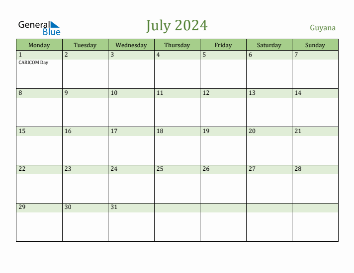 July 2024 Calendar with Guyana Holidays