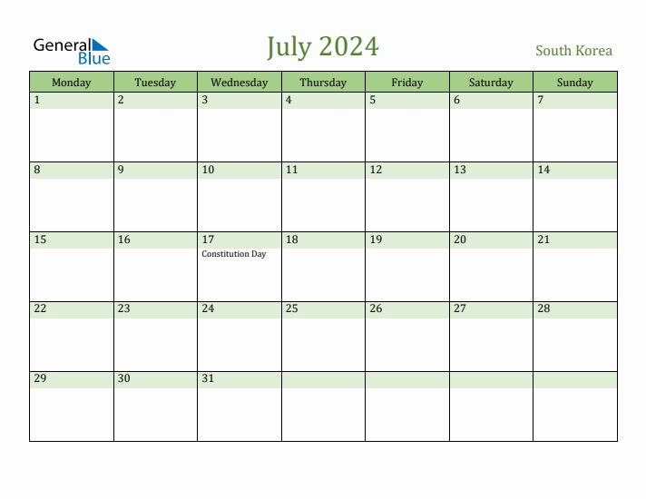 July 2024 Calendar with South Korea Holidays