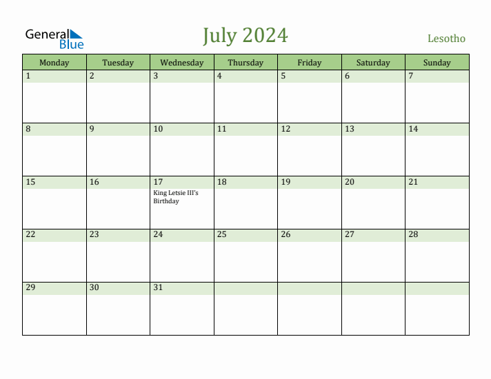 July 2024 Calendar with Lesotho Holidays