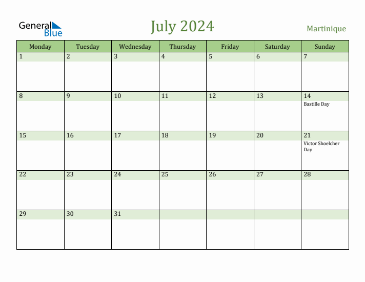 July 2024 Calendar with Martinique Holidays