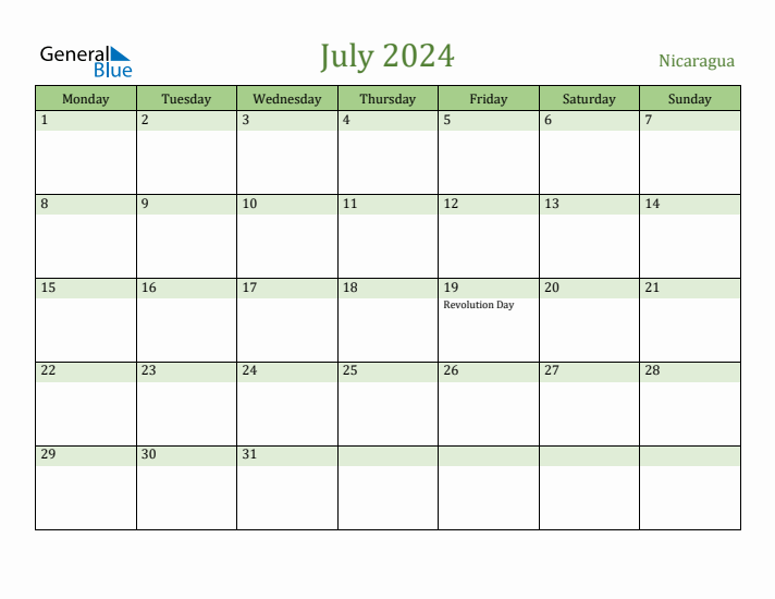 July 2024 Calendar with Nicaragua Holidays