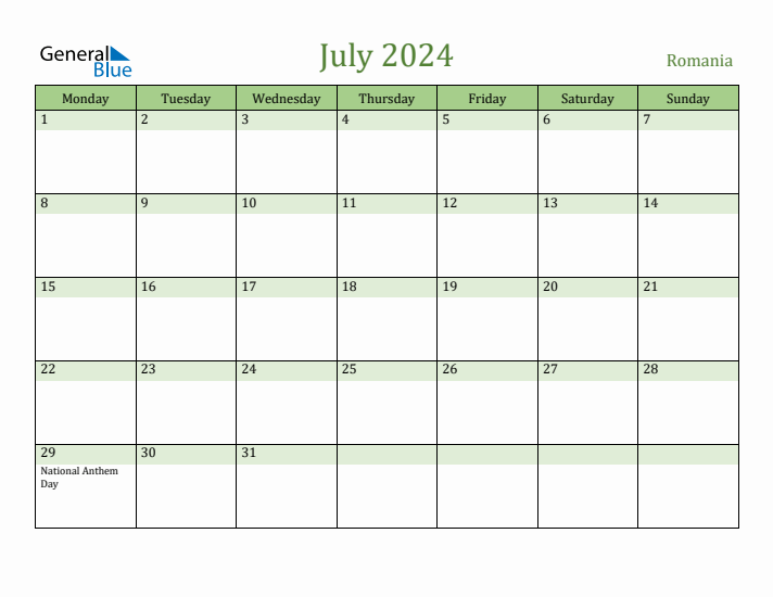 July 2024 Calendar with Romania Holidays