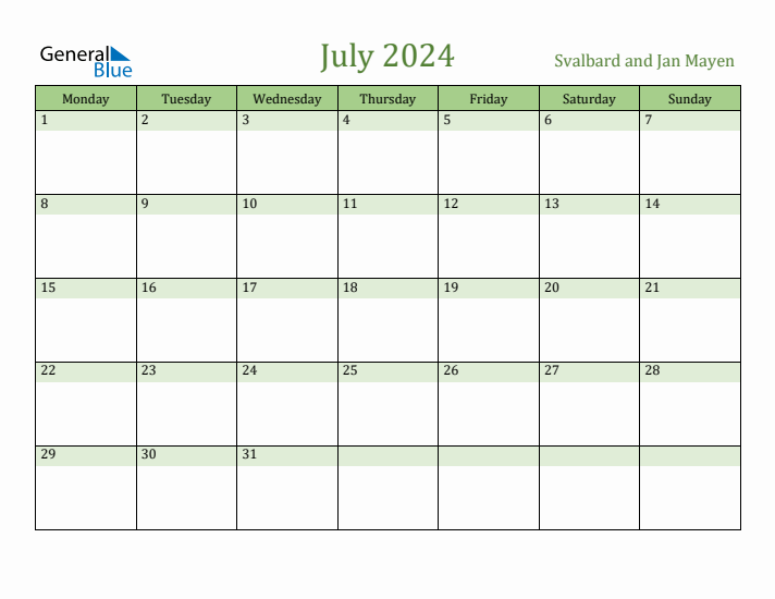 July 2024 Calendar with Svalbard and Jan Mayen Holidays