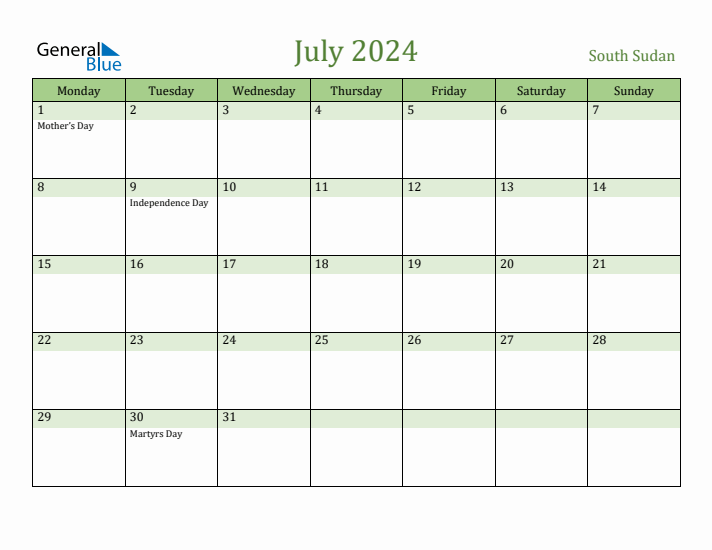 July 2024 Calendar with South Sudan Holidays