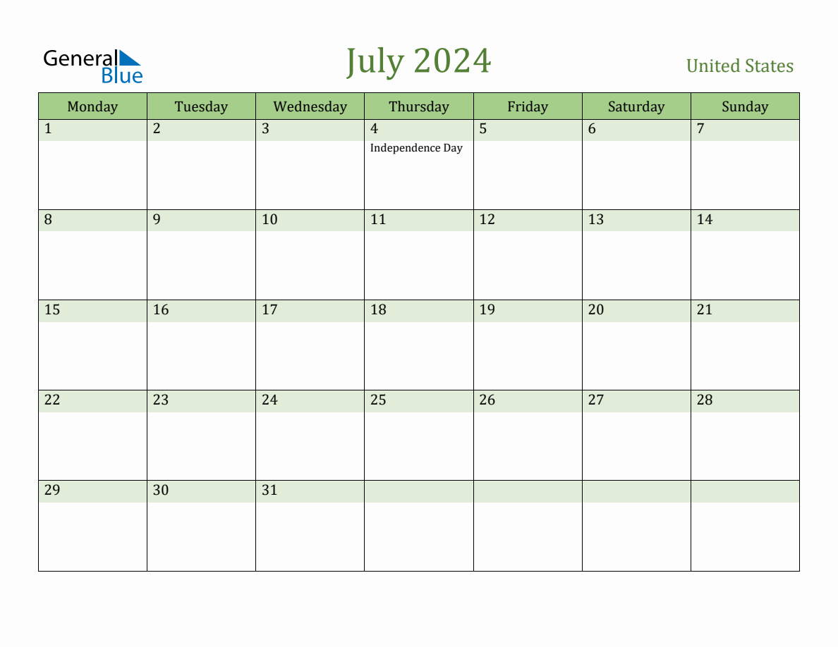 Fillable Holiday Calendar for United States July 2024